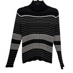 Black and White Striped Women's y2k Turtleneck Sweater